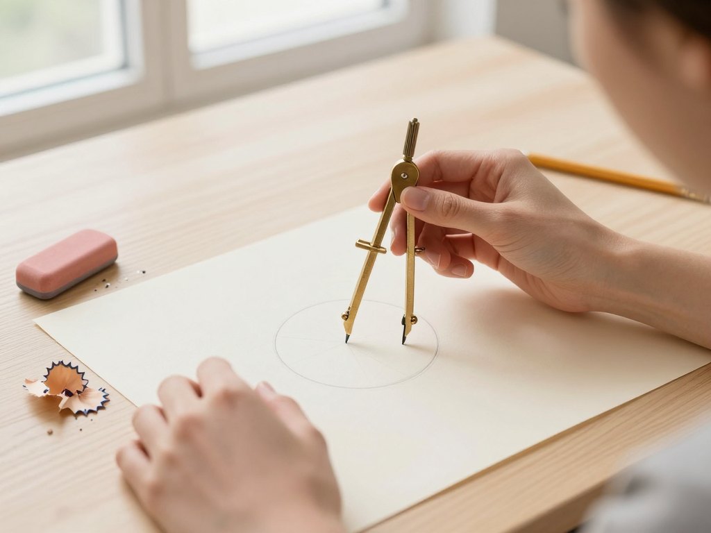 Hands drawing a circle with a brass compass on cream paper at a light oak table