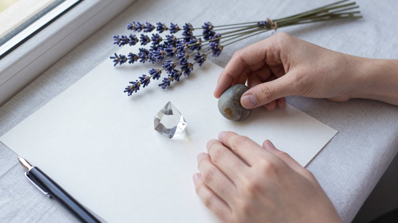 Hands arranging polished stones, a glass prism and dried lavender on linen cloth