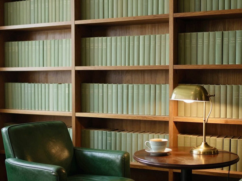 Quiet reading room with wooden shelves, green armchair and a teacup on a small table