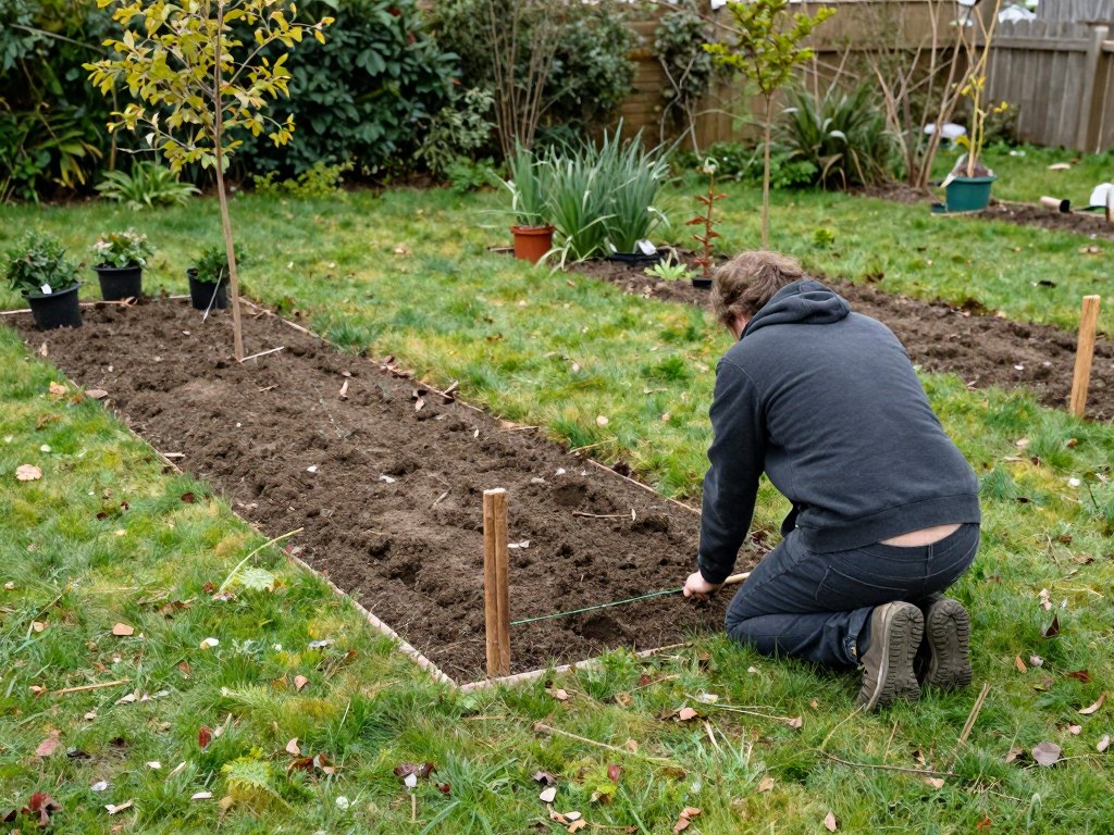 Person from behind marking a planting bed outline with stakes and string in a garden