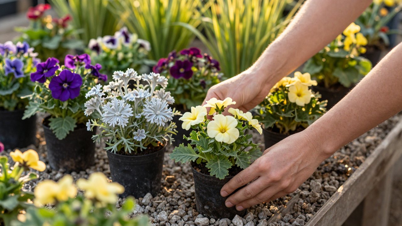 Hands arranging potted perennials and grasses on gravel to test a planting layout