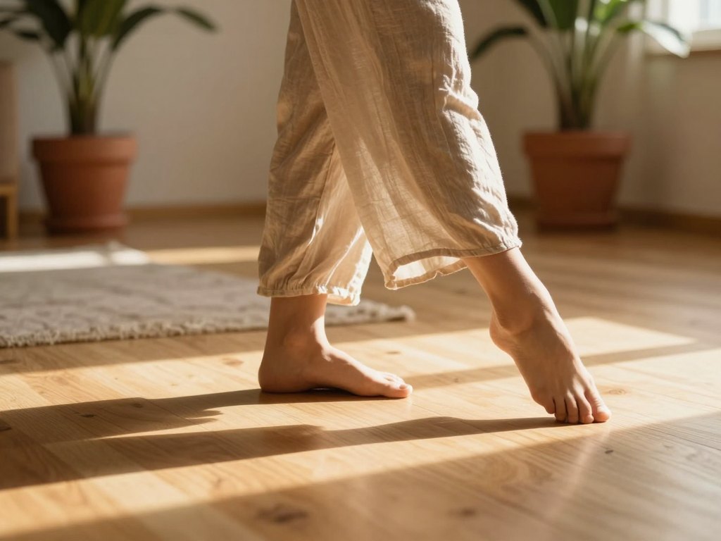 Bare feet of a person mid-step on a sunlit wooden living room floor