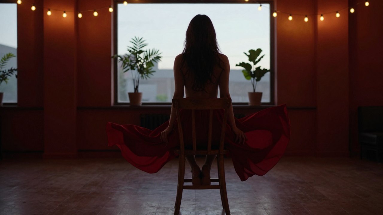 Distant silhouette of a dancer in a red skirt in a warmly lit room with plants