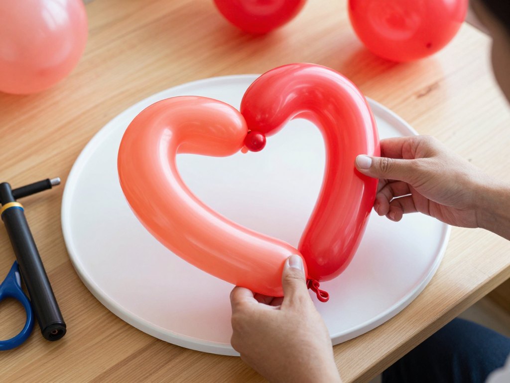 Hands attaching red and coral balloons to a white heart-shaped frame on a workbench
