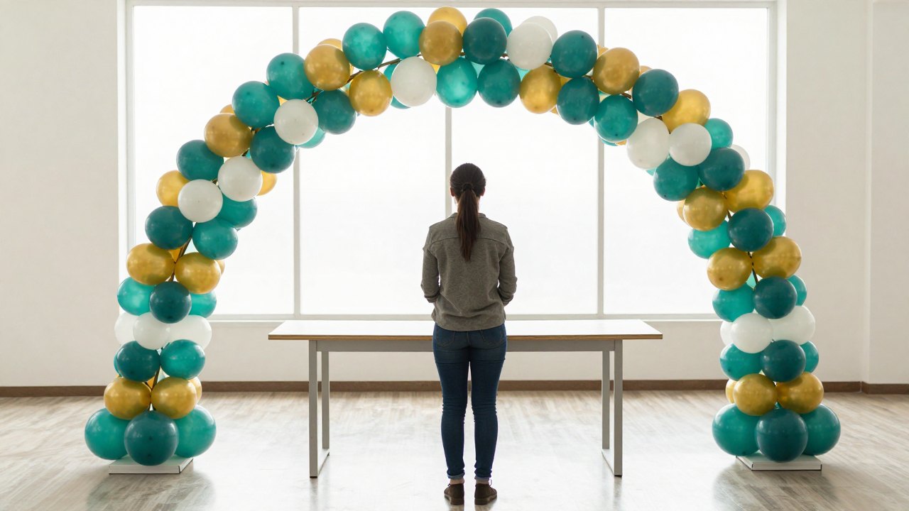 Person seen from behind facing a large teal and gold balloon arch in an event hall