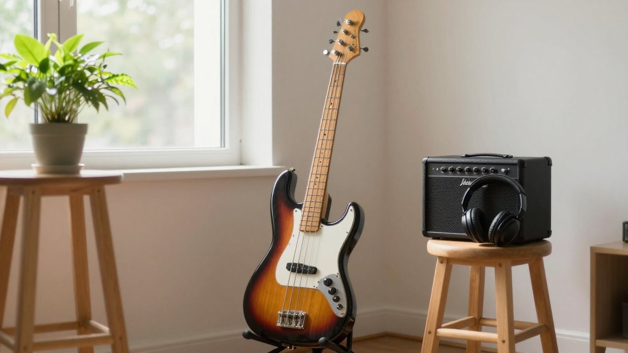 Bass guitar on a stand next to a small amplifier in a sunlit home practice corner