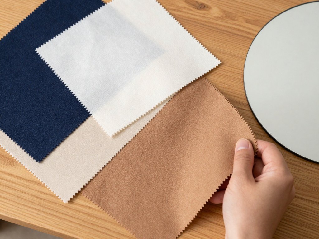 A hand holds a fabric swatch beside contrasting swatches on a wooden desk