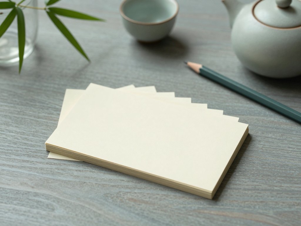 Neatly arranged blank cards, pencil, teapot and bamboo sprig on a wooden desk