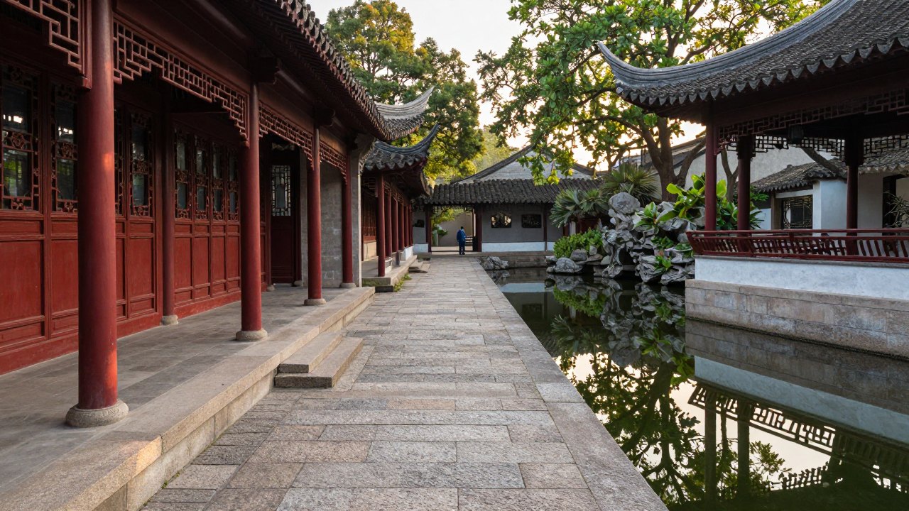 Garden pavilion with tiled roof reflected in a still pond, one distant walker