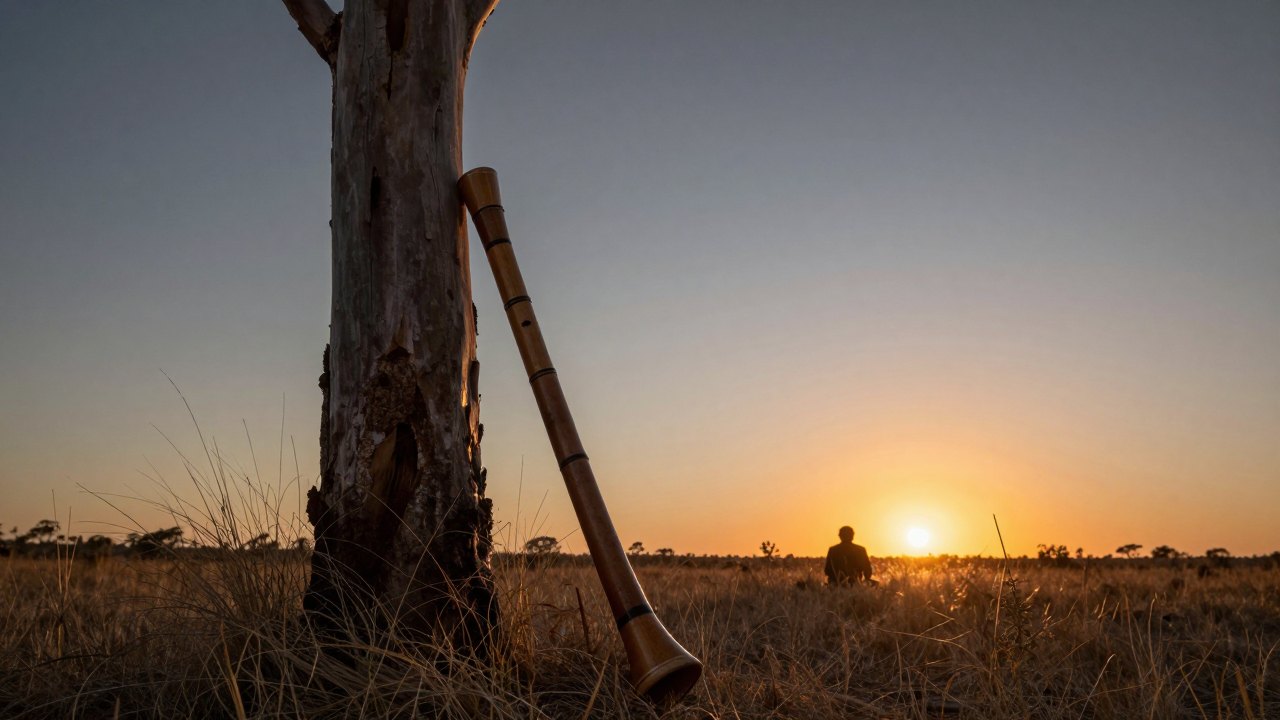 Didgeridoo leaning on a eucalyptus trunk in dry grassland at sunset, a distant person seated