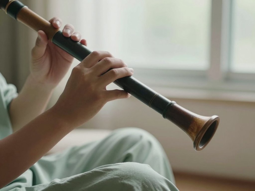 Relaxed hands holding the mouthpiece end of a didgeridoo beside a softly lit window