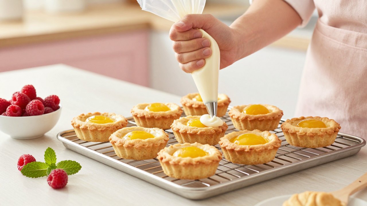 Hands piping cream onto fruit tartlets cooling on a rack beside fresh raspberries