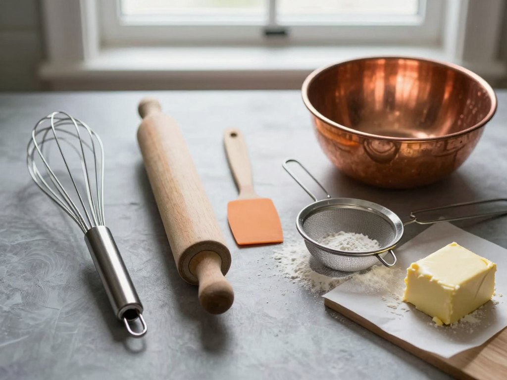 Pastry tools including whisk, rolling pin, sieve and butter arranged on a workbench