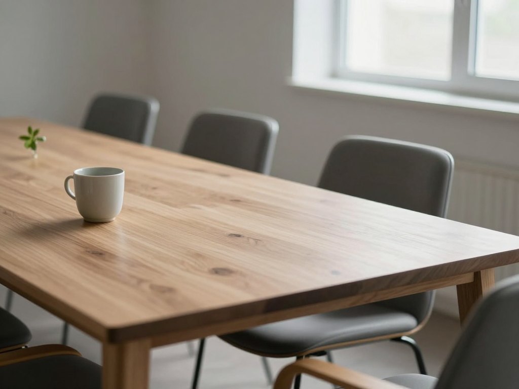 Empty pulled-out chair at a wooden meeting table among aligned chairs