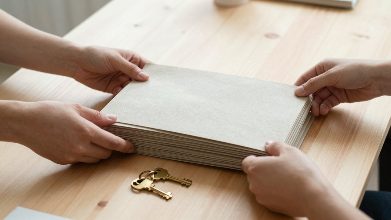 Hands sorting plain folders and brass keys on an oak desk in morning light