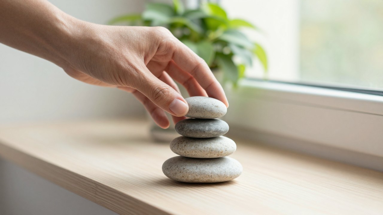 Two hands balancing the last of three smooth stones in a small stack on a windowsill