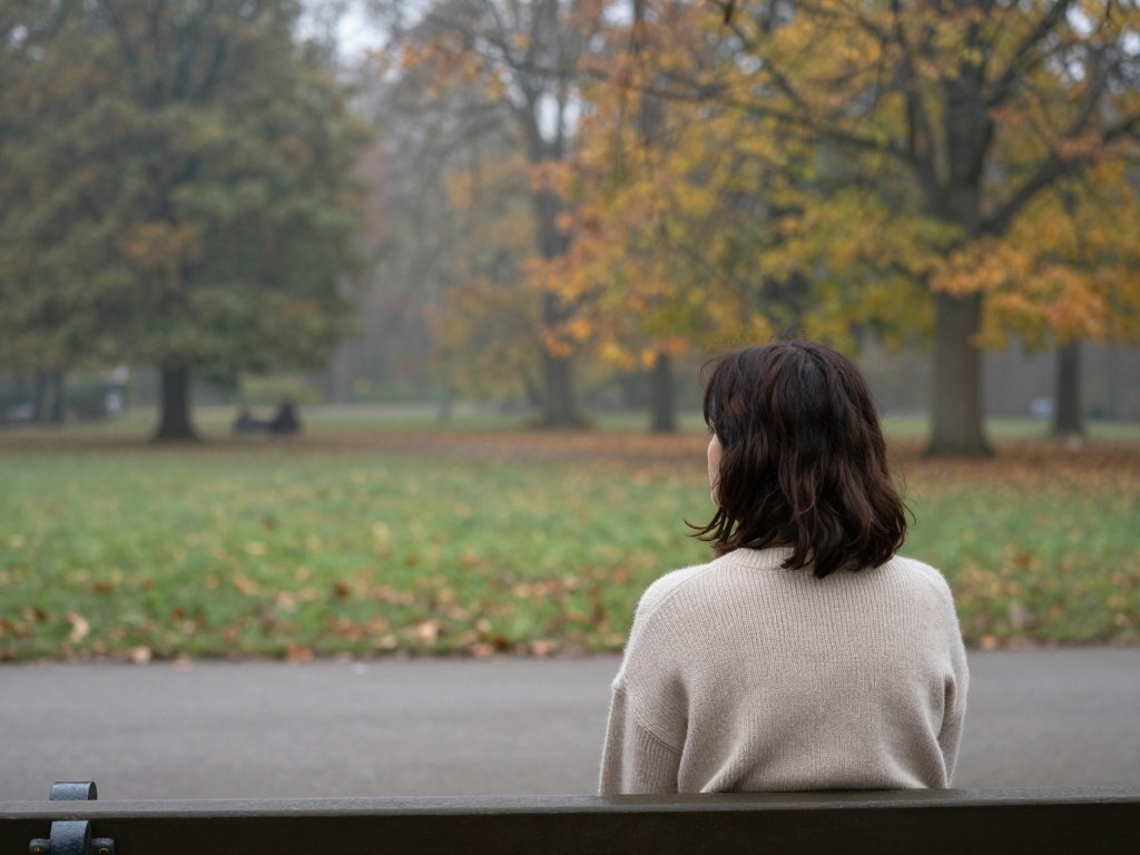 Woman seen from behind sitting on a park bench among autumn trees