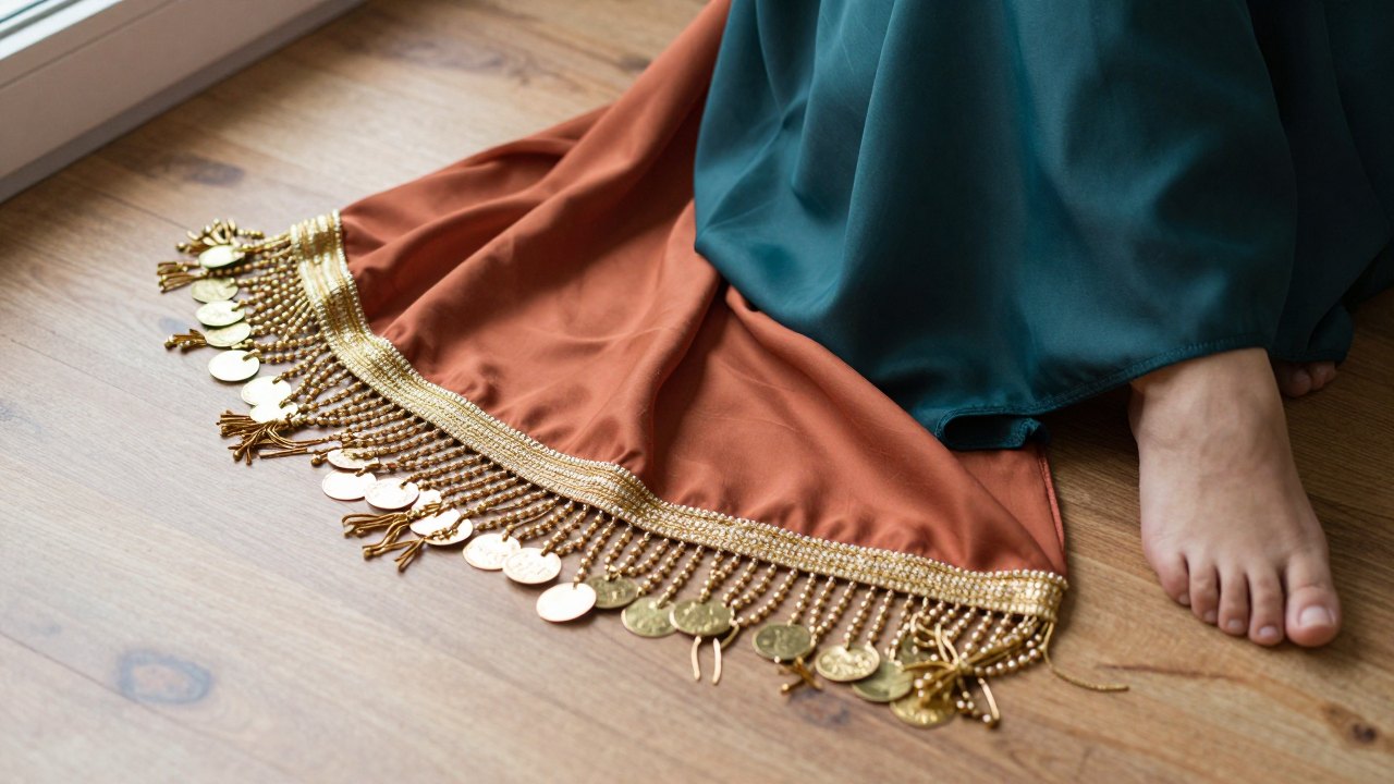 Beaded hip scarf and bare feet resting on a wooden studio floor in soft daylight