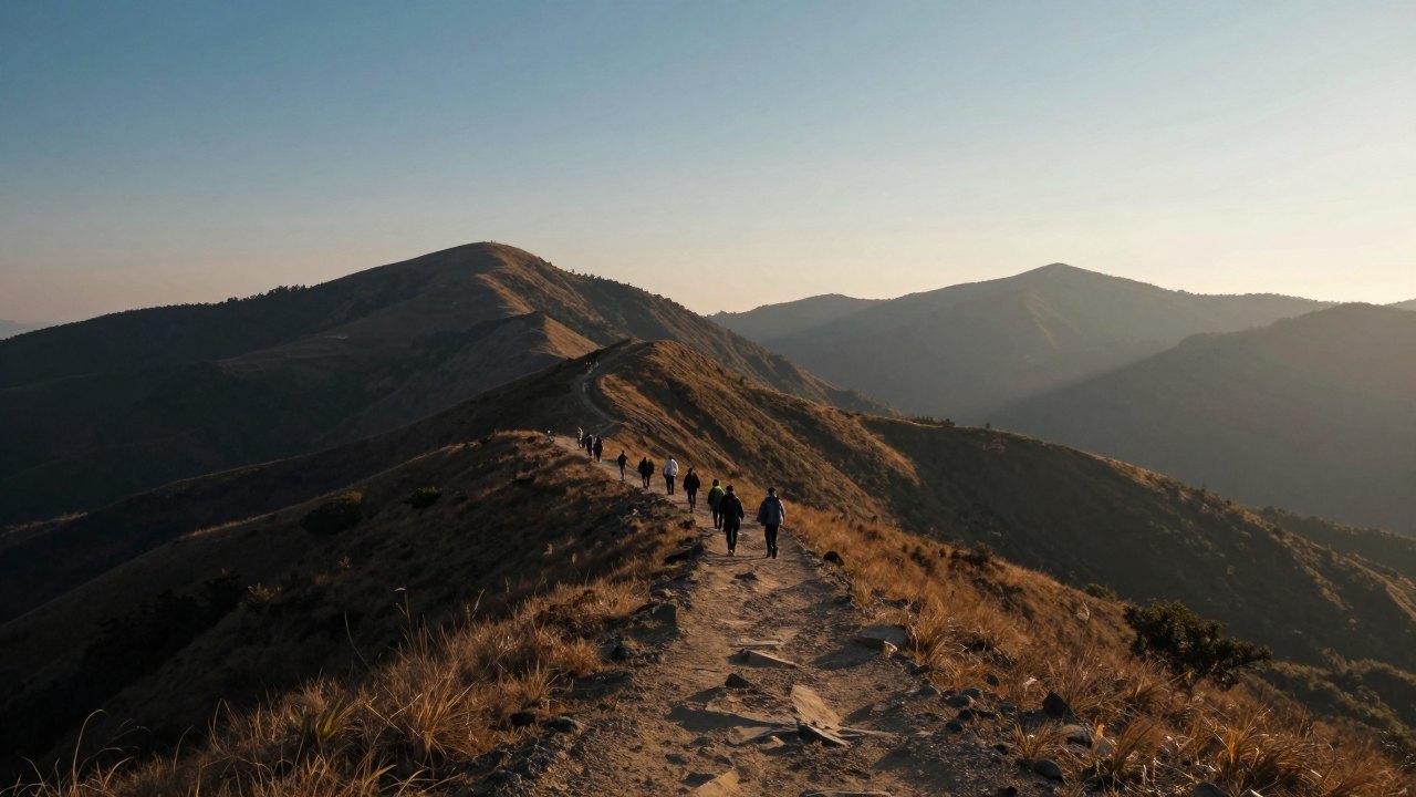 Distant hikers walking in single file along a mountain ridge at golden hour