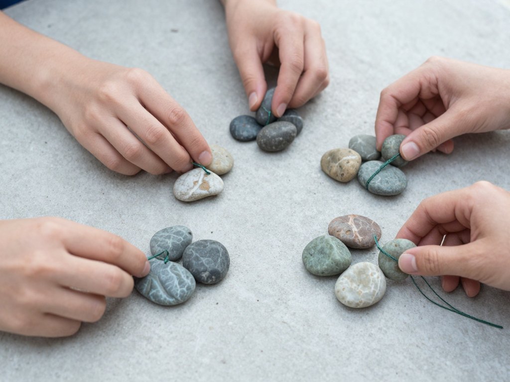 Hands arranging four groups of coloured stones linked by green string on a concrete surface