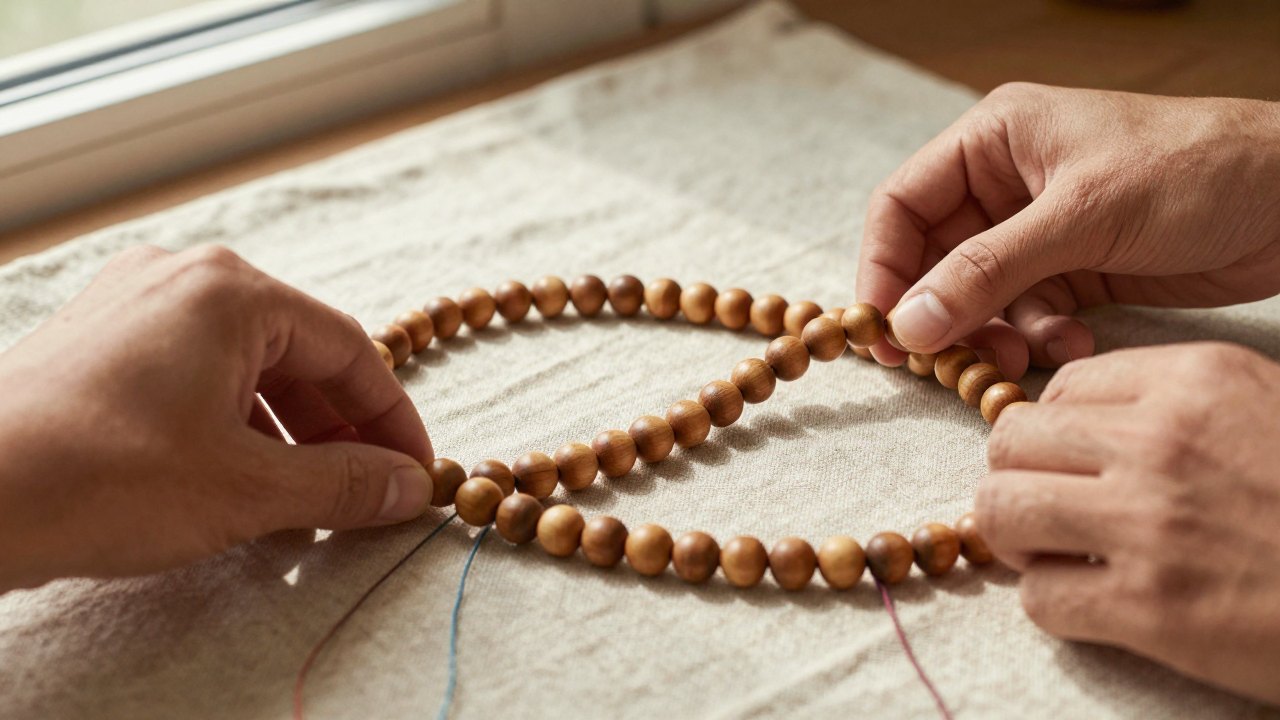 Two pairs of hands arranging wooden beads and thread into overlapping wave shapes on linen