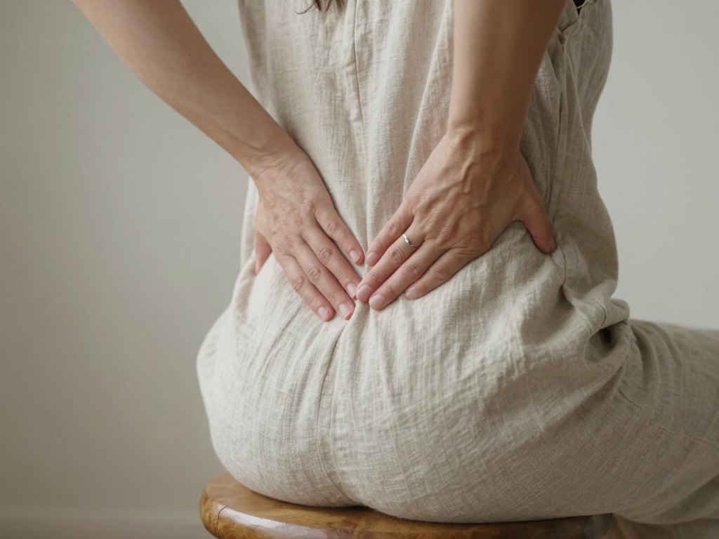 Hands resting on the lower back of a seated person, feeling the muscles