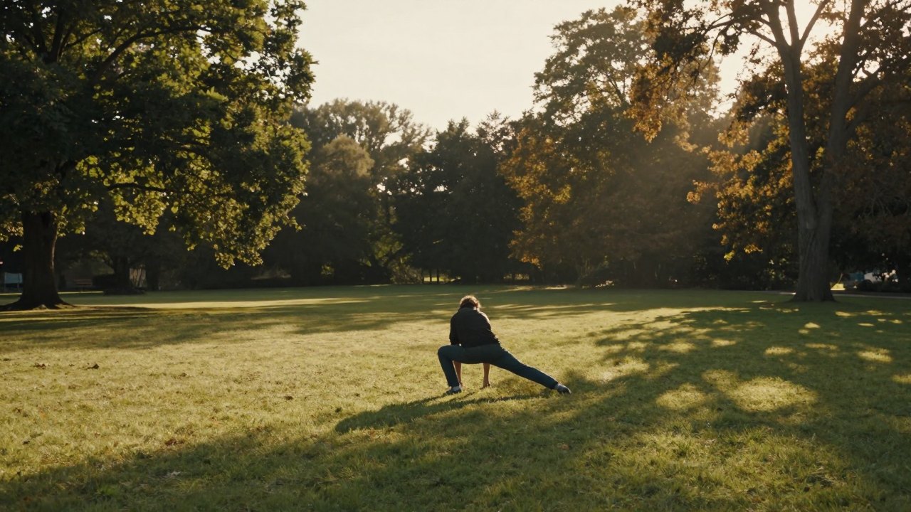 Distant person stretching slowly on a grassy lawn in warm evening light