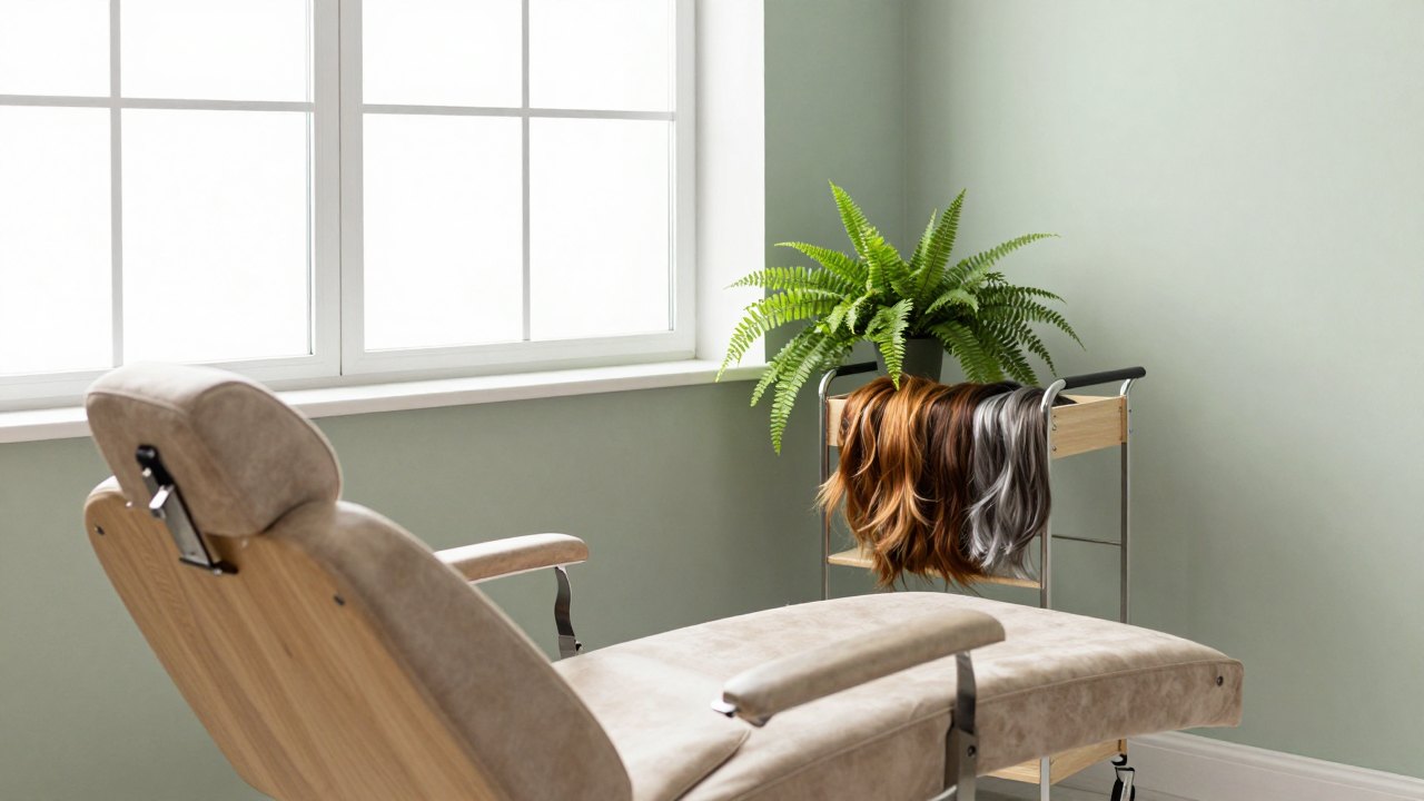 Quiet beauty studio corner with treatment chair, trolley and tufts of dyed hair in brown shades