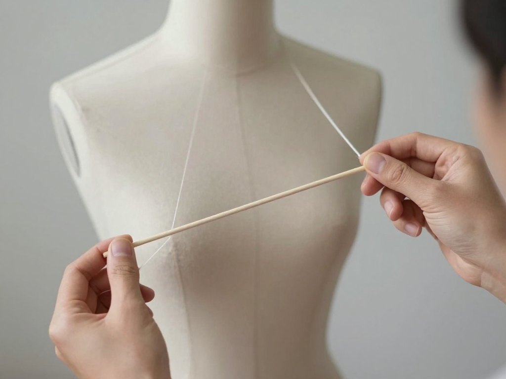 Hands stretching a white thread across a blank plaster form to map proportions