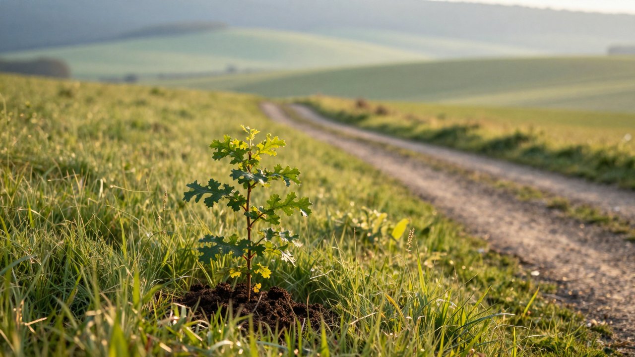 Small oak sapling growing in soil on a grassy hillside in soft morning light