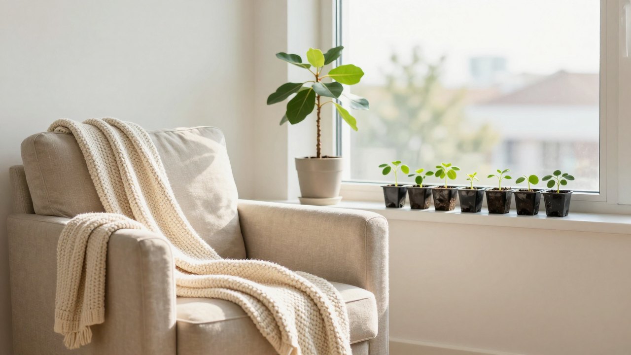 Sunlit armchair by a window with folded blanket, fig plant and small seedlings on the sill