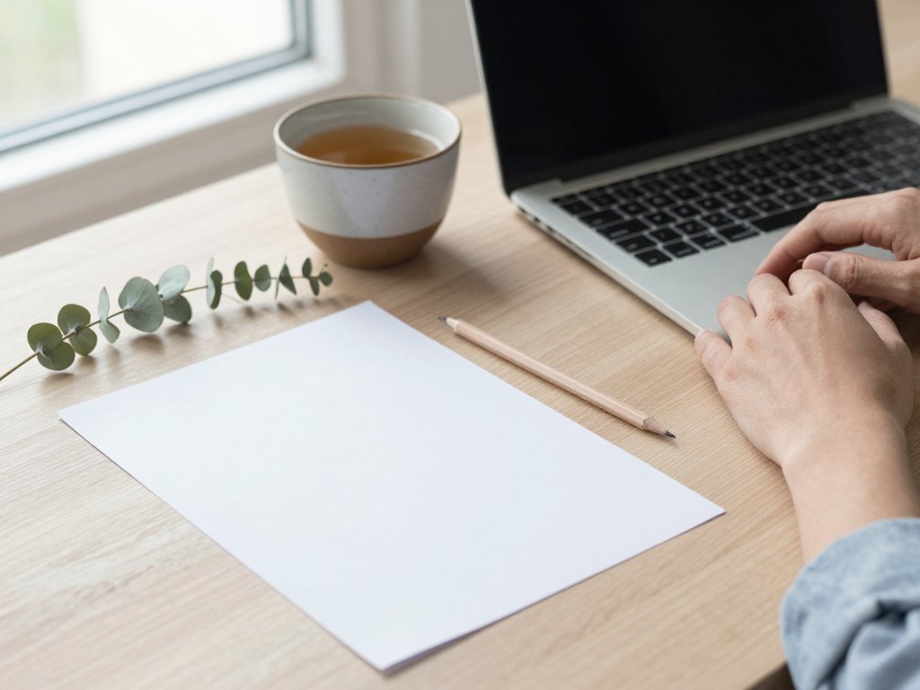 Hands resting on a wooden desk beside a closed laptop, tea cup, pencil and blank paper