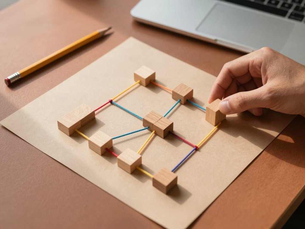 Hand arranging wooden blocks and string between paper shapes on a desk to model relationships