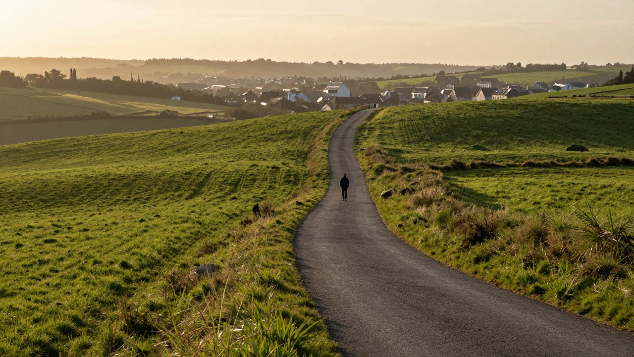 Person seen from behind walking a winding path across green hills toward a distant town