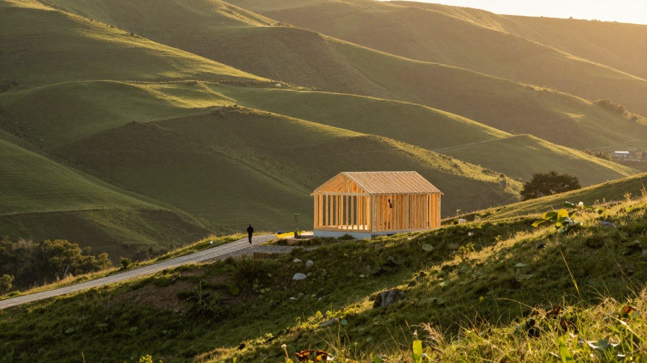 Timber house frame on a hillside at sunset with a distant person walking away