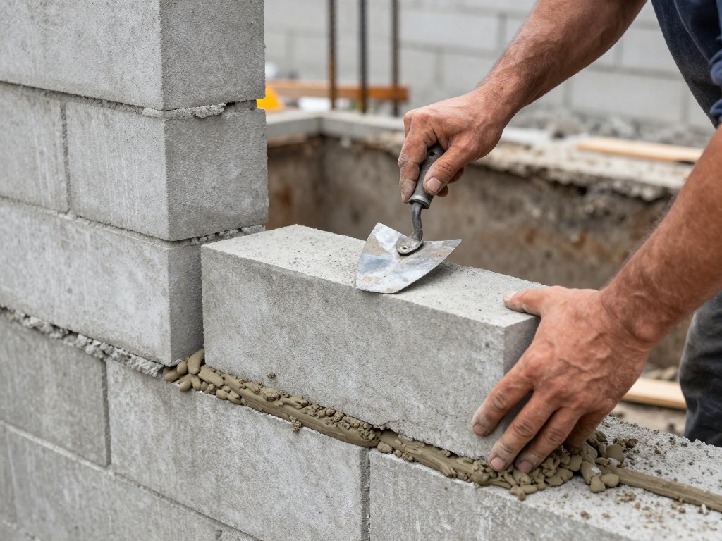 Hands laying a concrete block on mortar at the foundation of a new wall