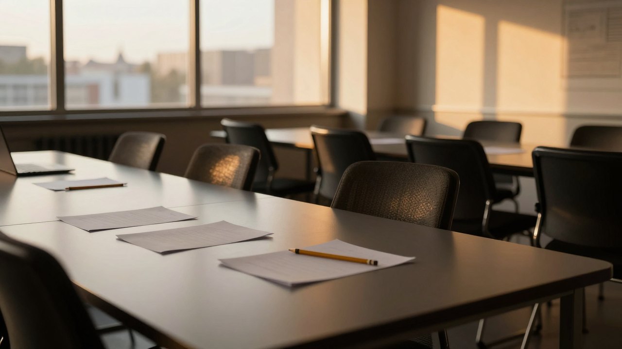 Empty training room with askew chairs, paper sheets and pencils in late afternoon light
