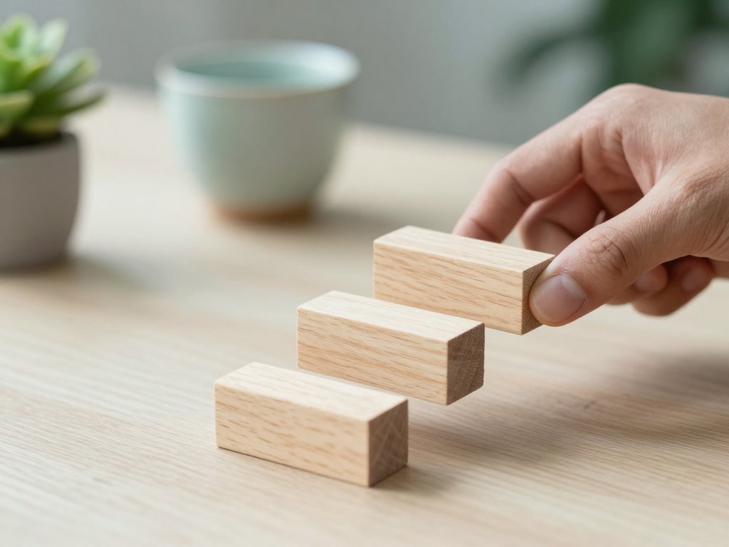 Hands placing three plain wooden blocks in a rising staircase on a light desk