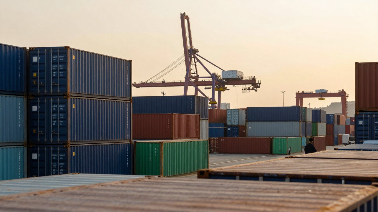 Stacked shipping containers and a crane at a harbour at sunset