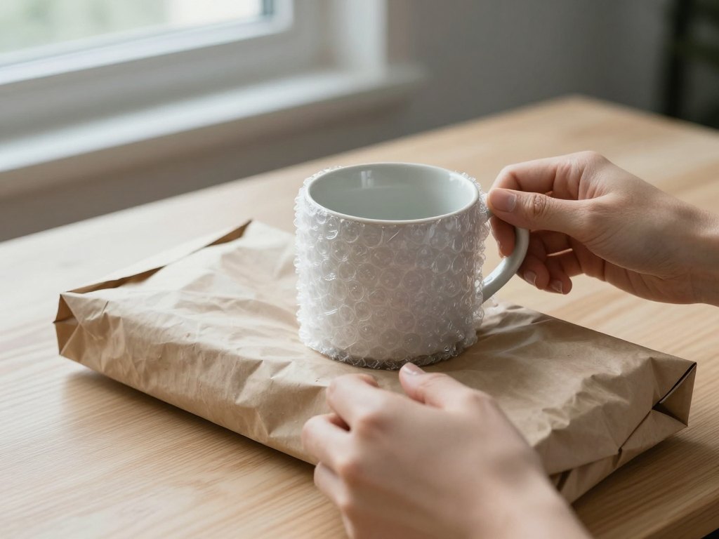 Hands unwrapping a kraft paper parcel to reveal a ceramic mug in tissue