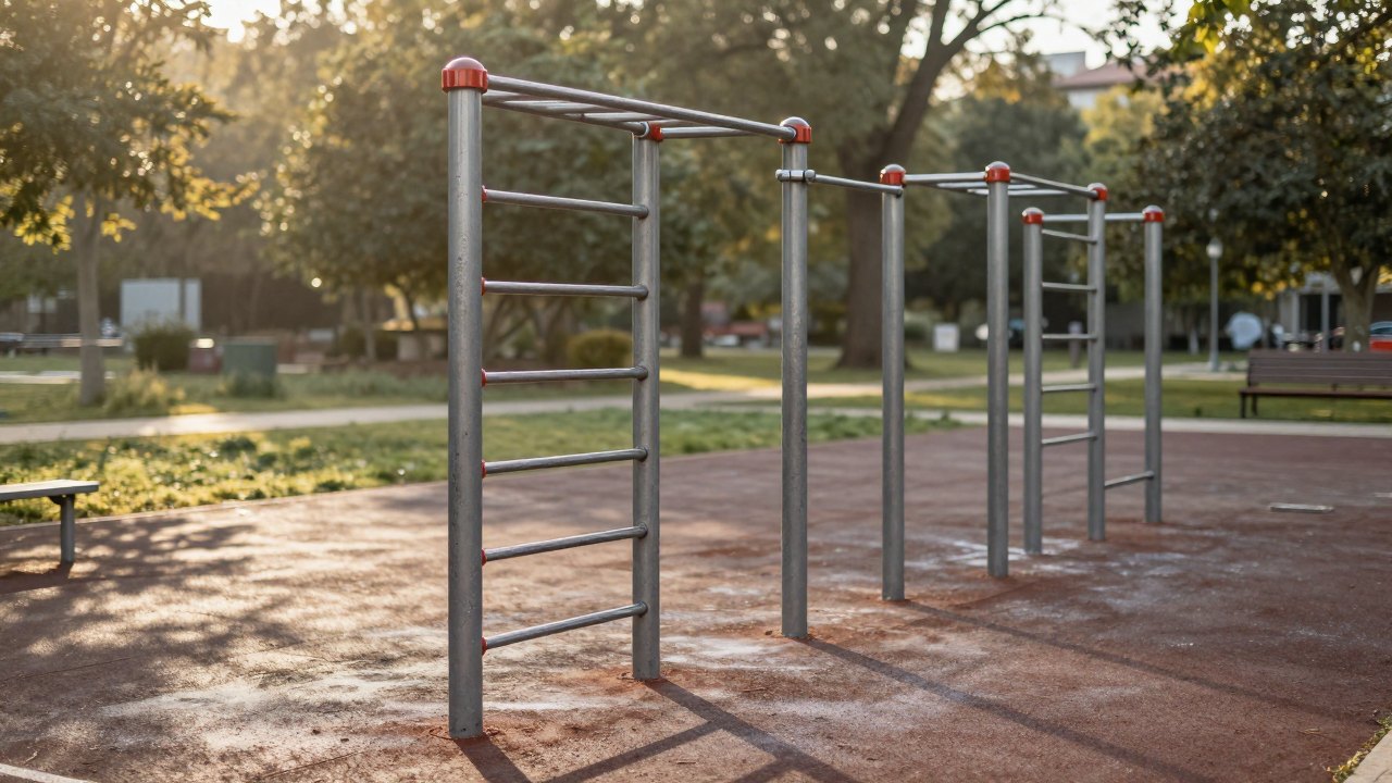 Steel pull-up bars and parallel bars in an empty outdoor park in morning light