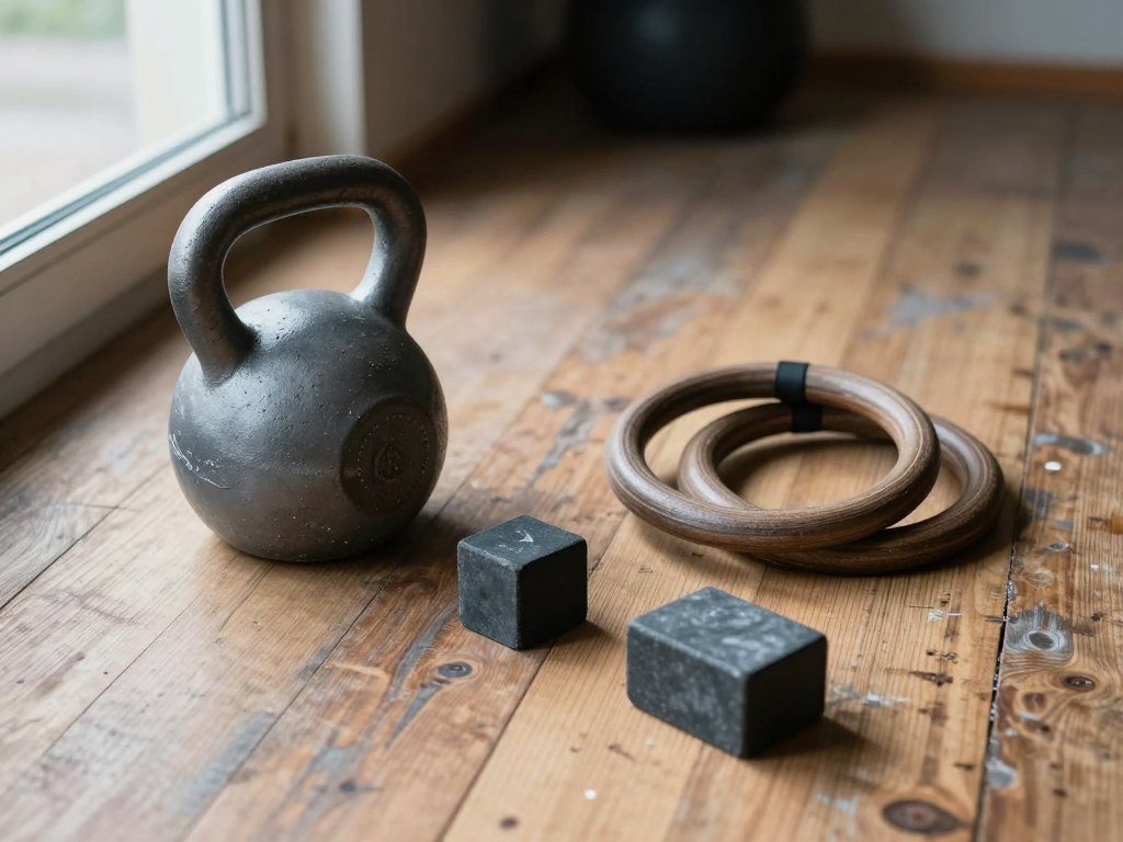 Kettlebell, wooden gymnastic rings and chalk block resting together on a gym floor