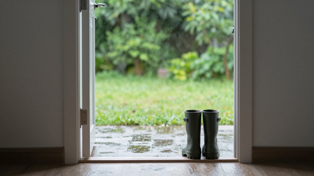 Hallway door open onto a rainy green garden with boots waiting beside it
