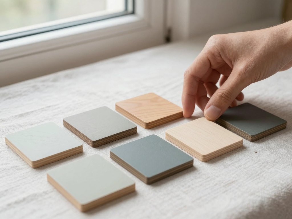 Hands picking one of several coloured wooden tiles arranged on linen cloth