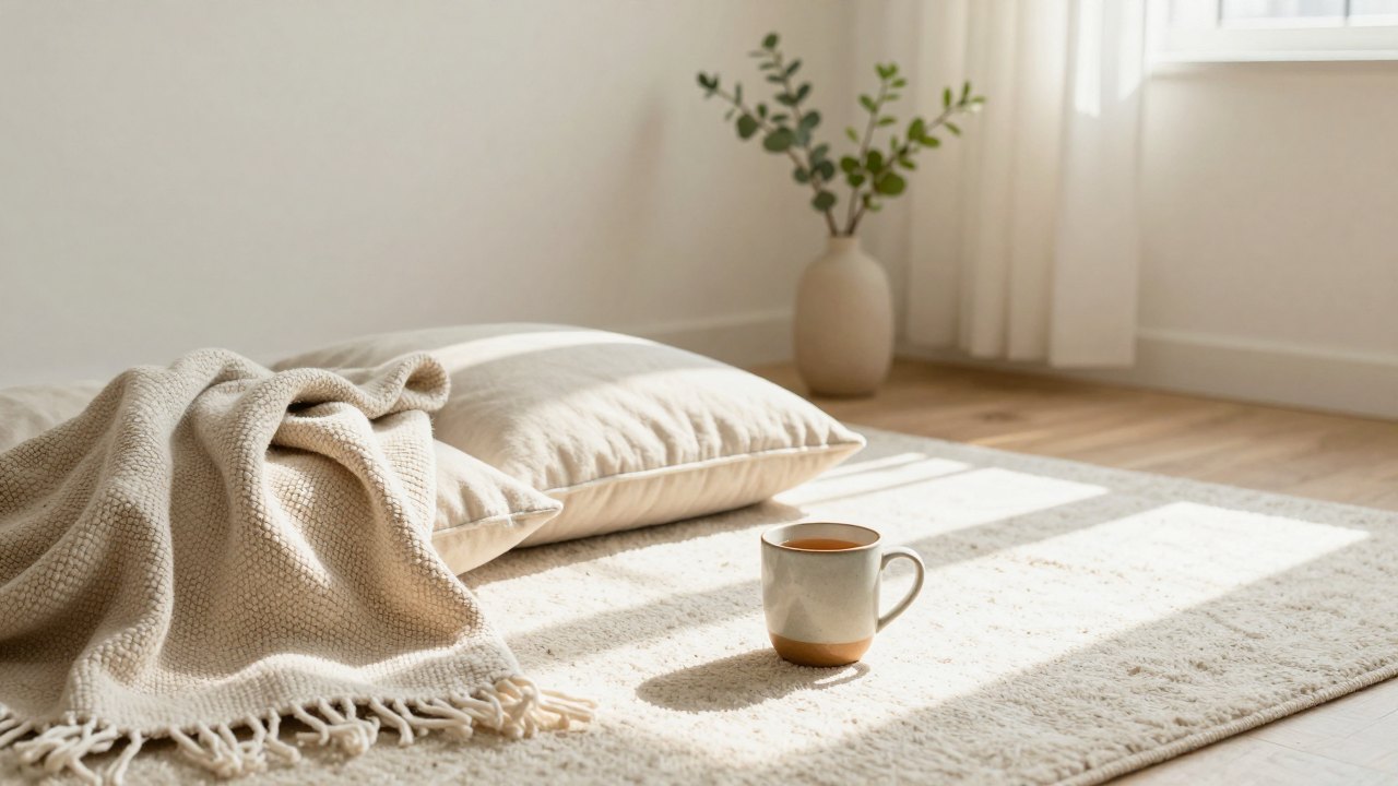 Sunlit living room corner with cushions, blanket, tea mug and green branches in a vase