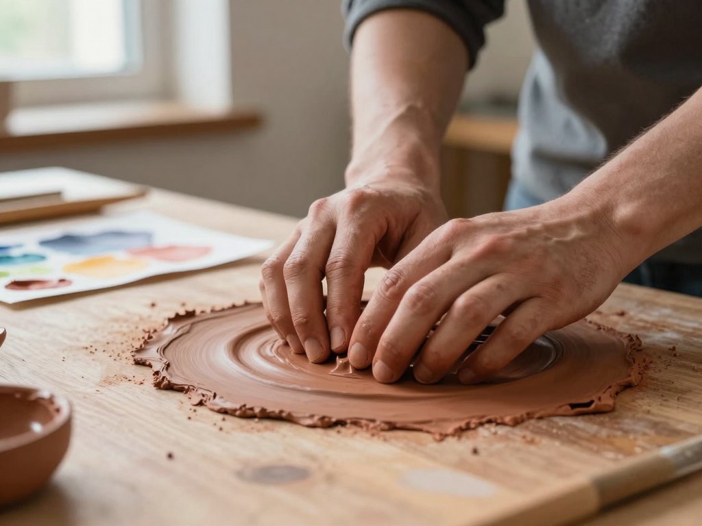 Hands shaping soft clay on a wooden table beside abstract watercolour sheets