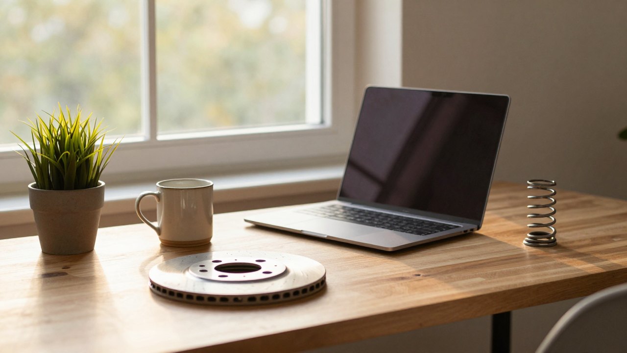 Desk by a window with a closed laptop, mug, plant, brake disc and coil spring