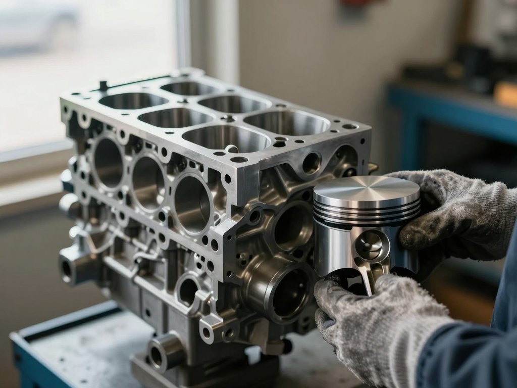 Gloved hands holding a piston beside a bare engine block on a workshop stand