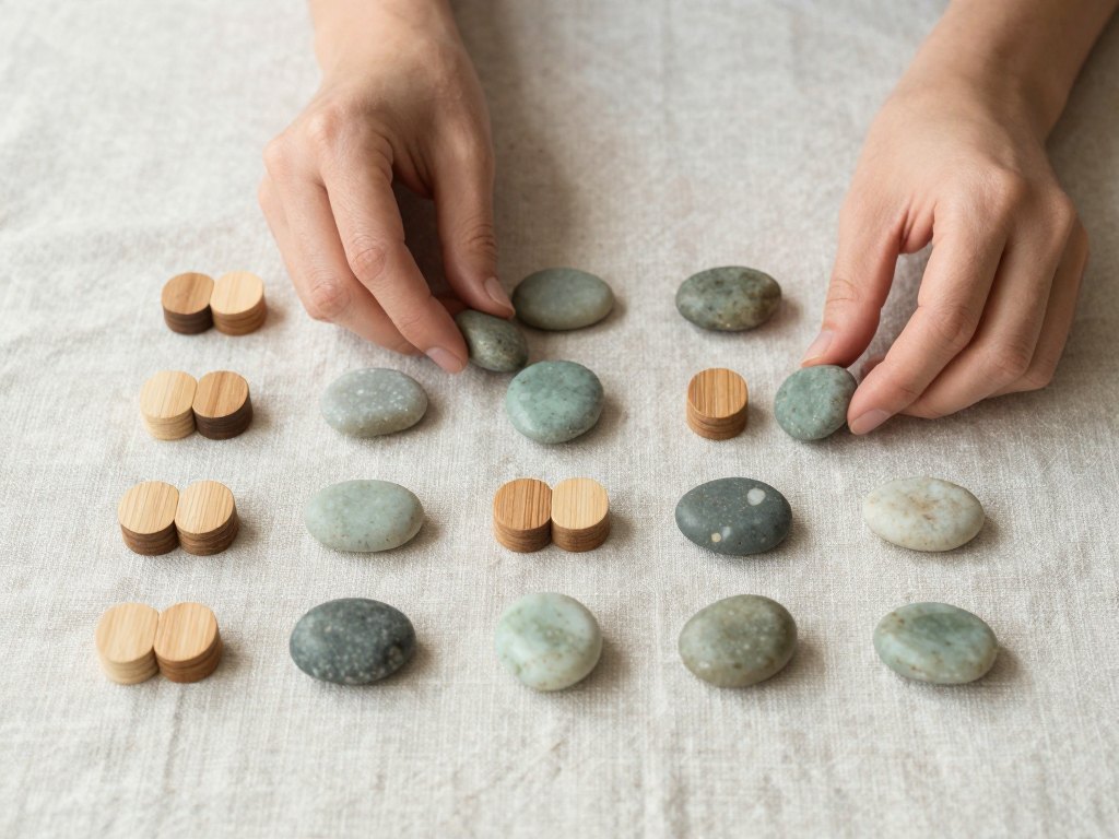 Hands arranging wooden tokens and river stones in a grid on linen cloth