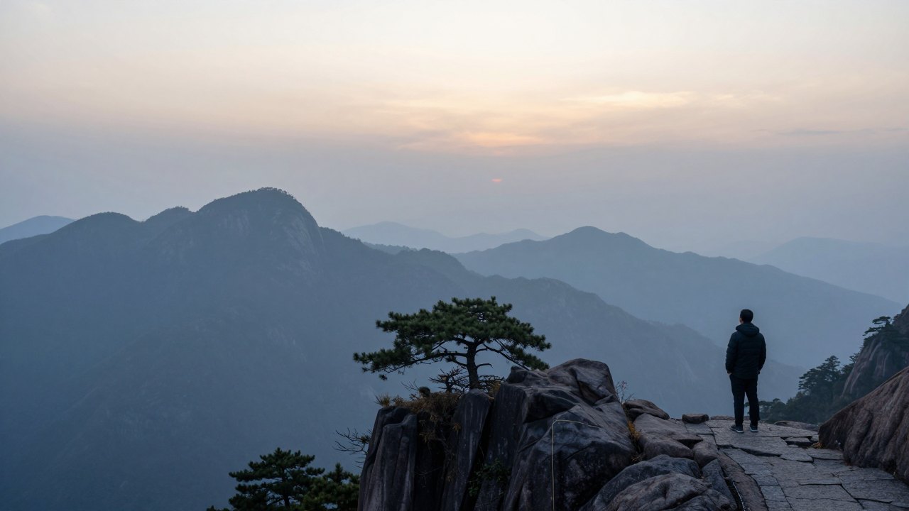 Distant person on a stone path looking over misty mountain ridges at dawn